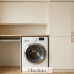 Concealed laundry zone with front-loading washer and dryer inside warm built-in cabinetry, a folding counter and practical storage.