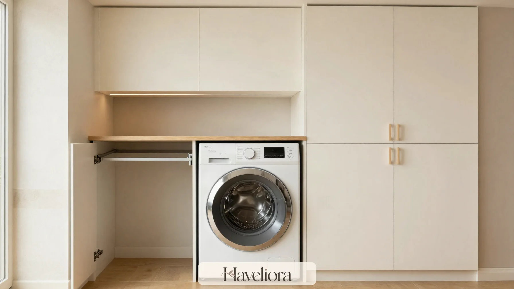 Concealed laundry zone with front-loading washer and dryer inside warm built-in cabinetry, a folding counter and practical storage.