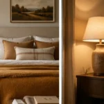 Layered fall bedroom with warm neutral bedding and an ochre throw