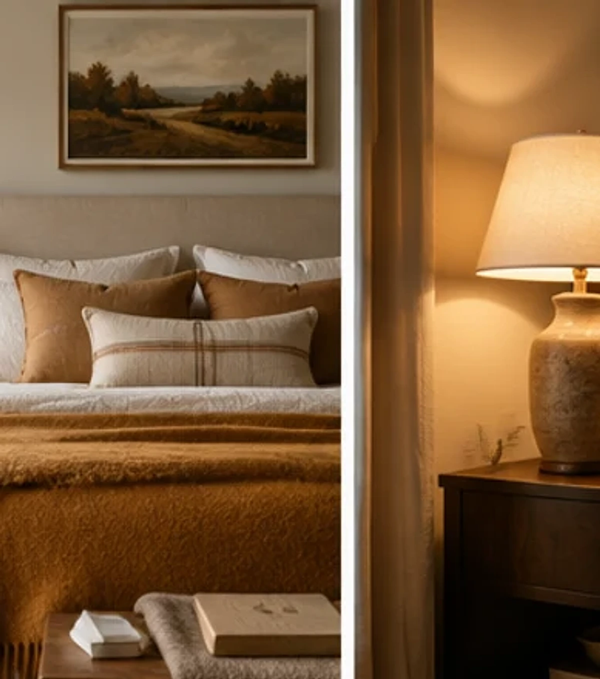Layered fall bedroom with warm neutral bedding and an ochre throw.
