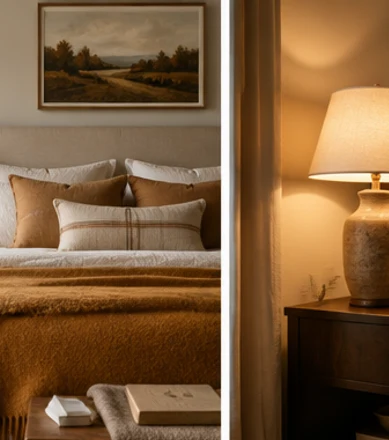 Layered fall bedroom with warm neutral bedding and an ochre throw.