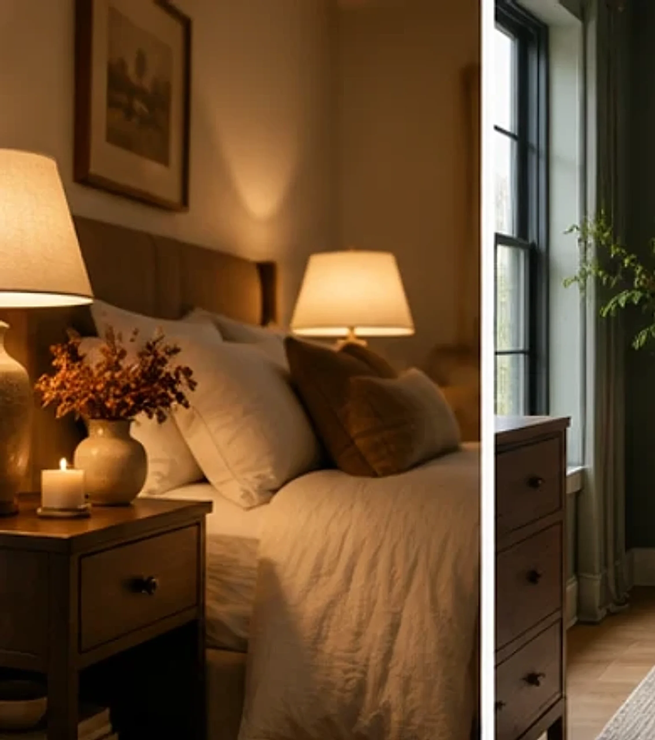 Bedroom with soft bedside lamps creating a warm evening glow.