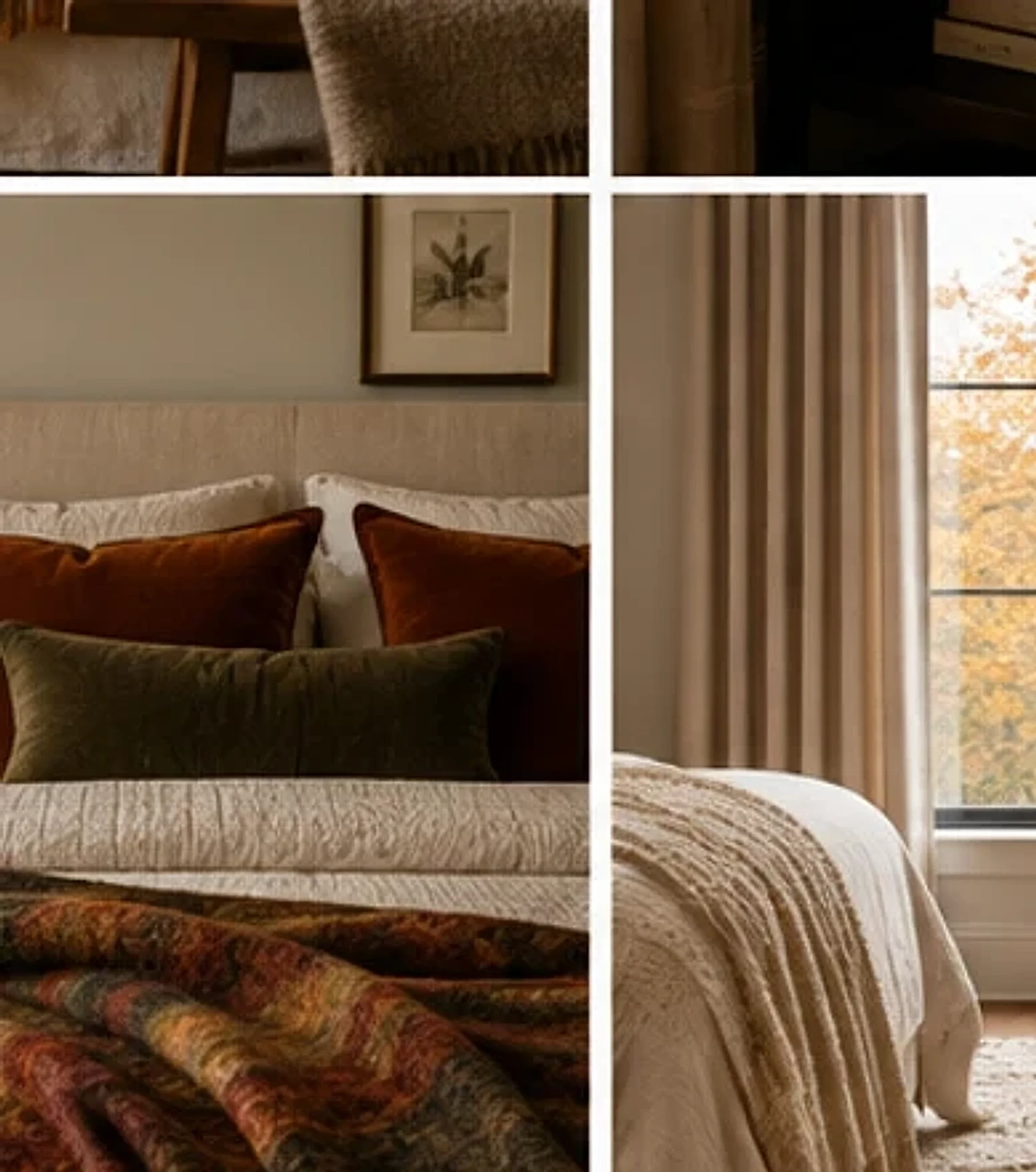 Bed layered with linen, velvet and wool textures for fall.