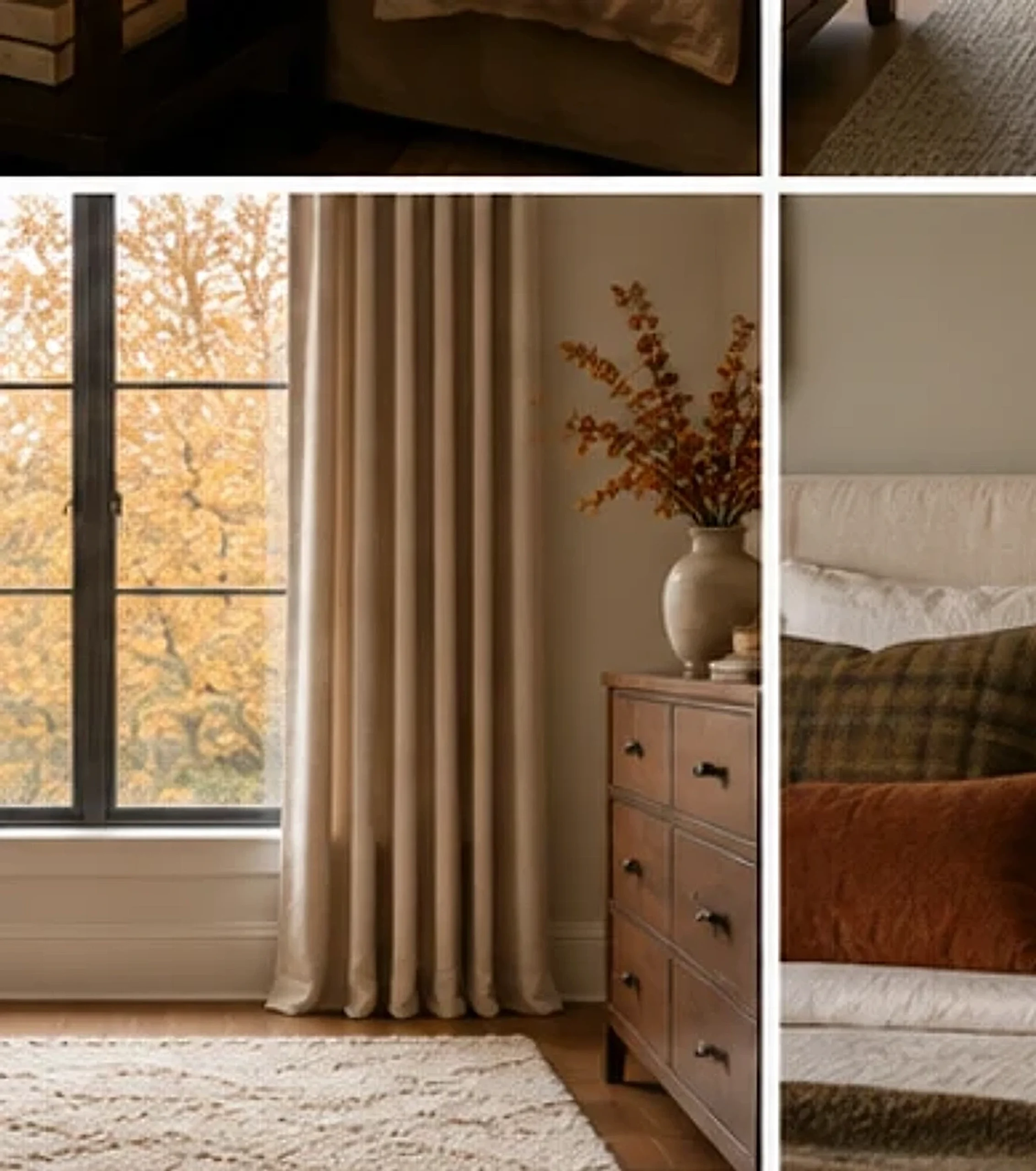 Bedroom softened with a generous rug and full-length curtains.