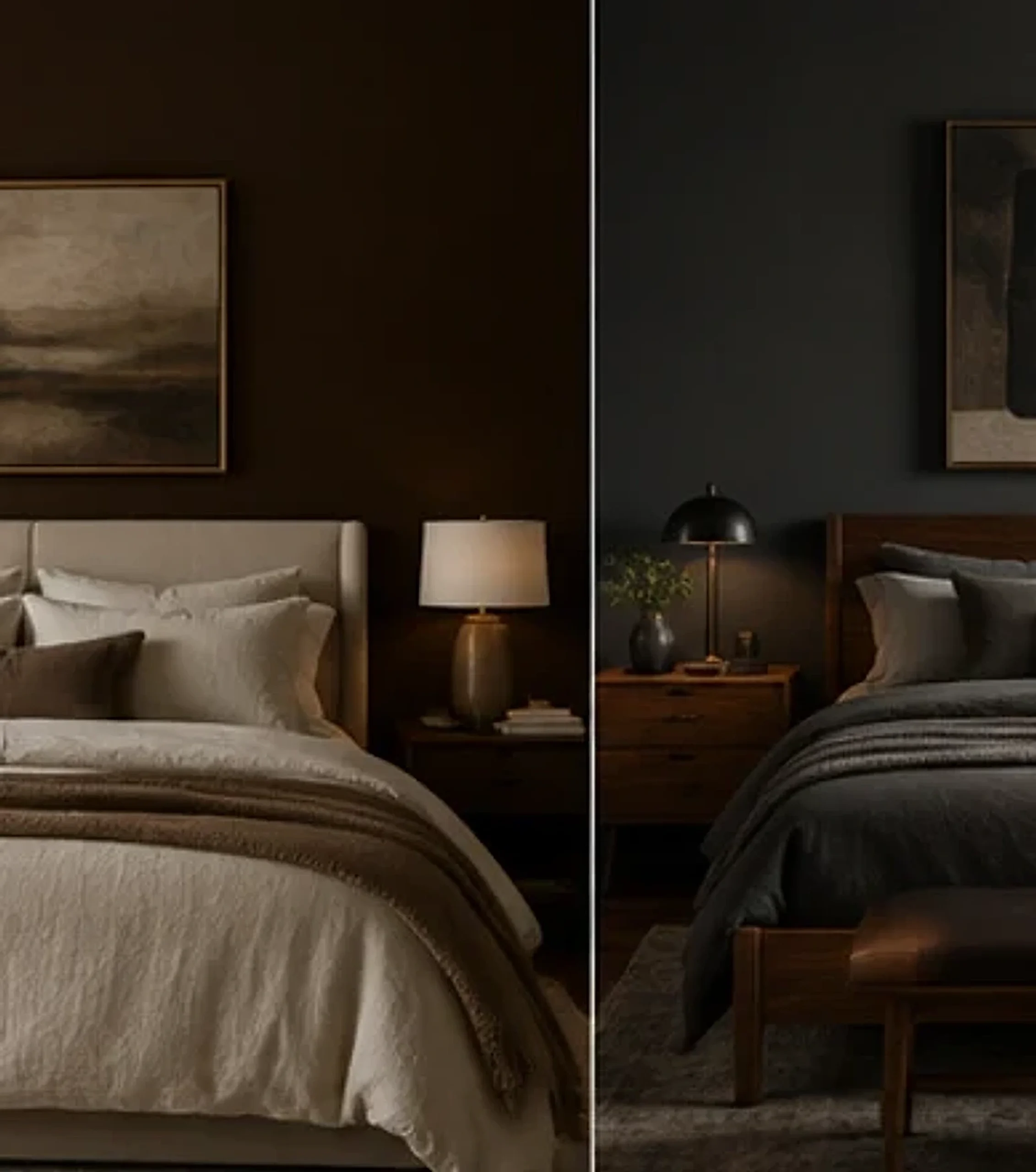 Chocolate brown bedroom walls balanced with light cream bedding.