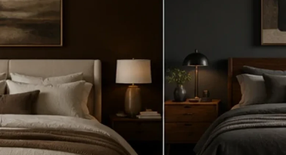 Chocolate brown bedroom walls balanced with light cream bedding.