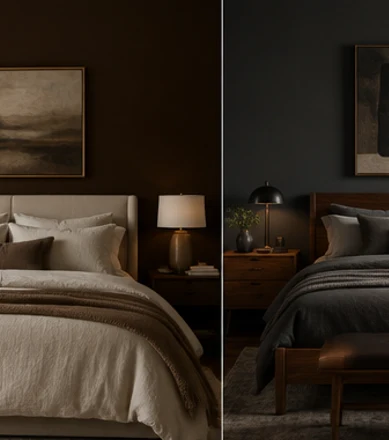 Chocolate brown bedroom walls balanced with light cream bedding.