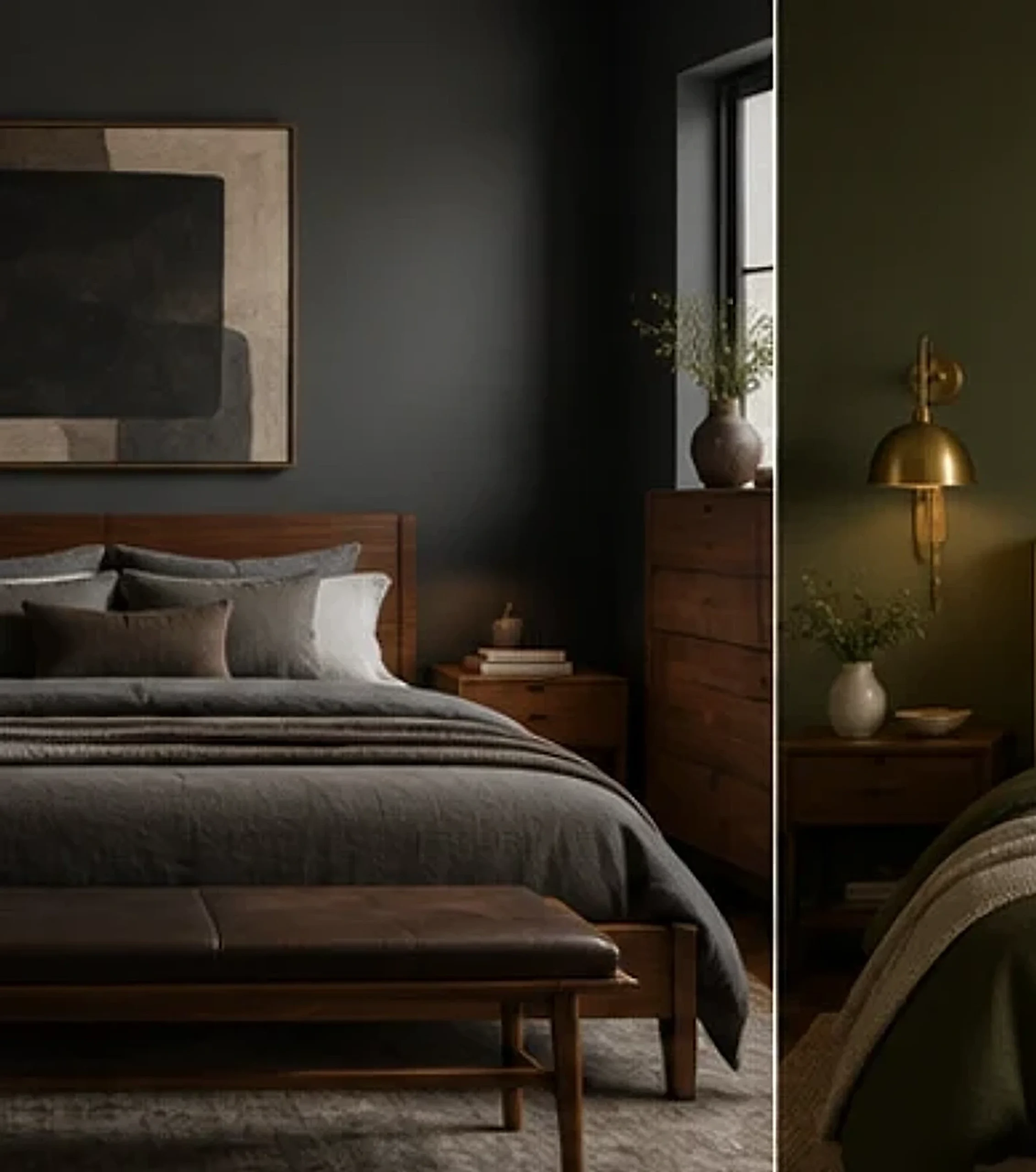 Charcoal bedroom with walnut furniture and warm neutral textiles.