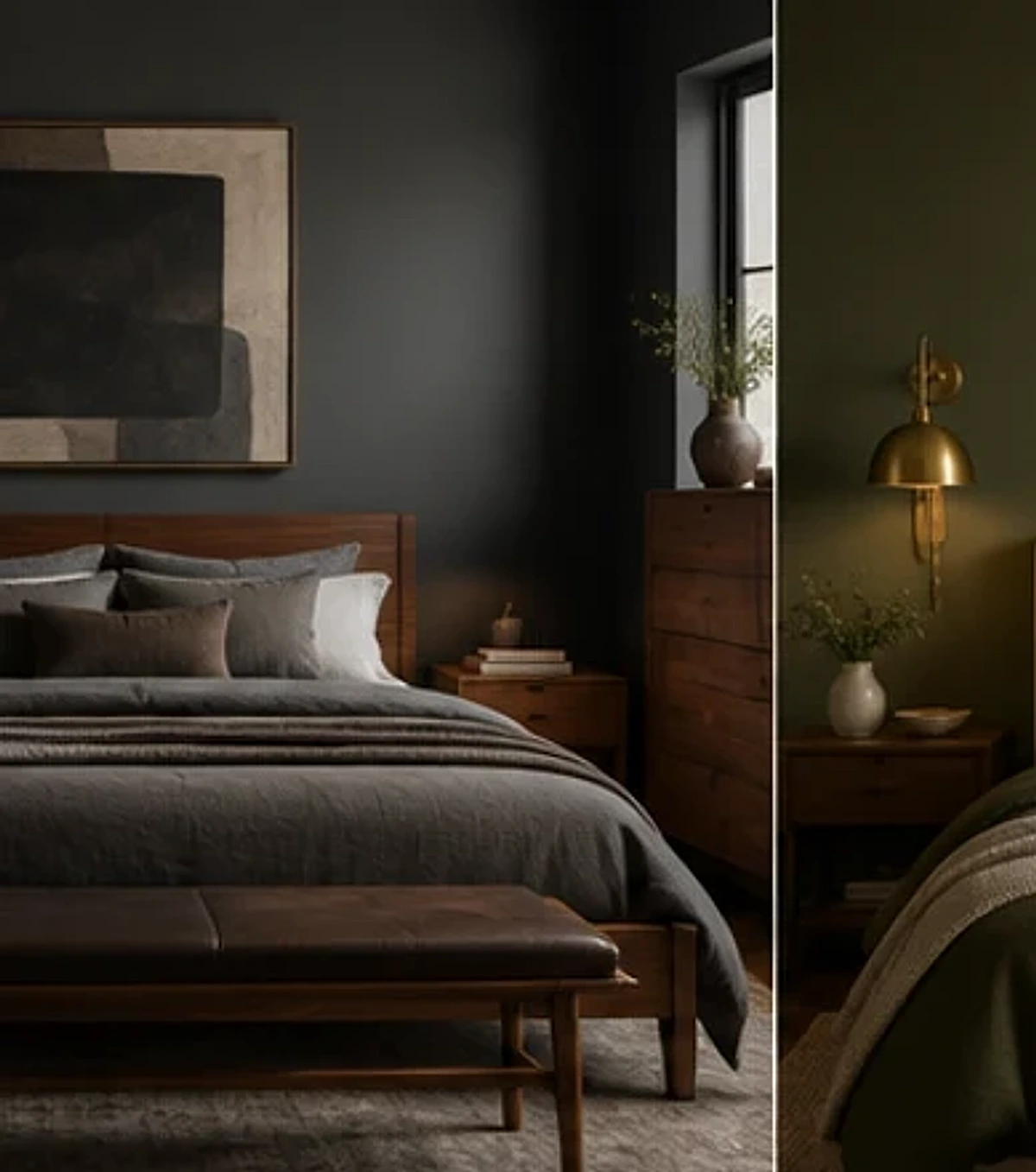 Charcoal bedroom with walnut furniture and warm neutral textiles.
