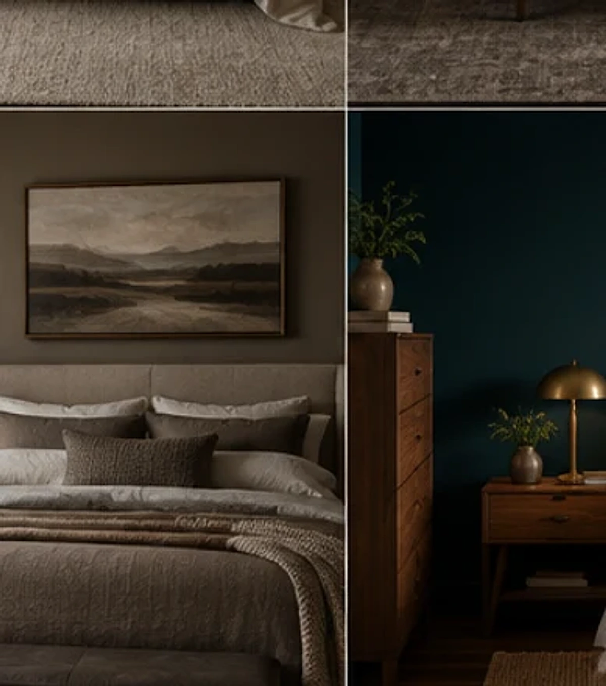Brown and warm gray bedroom layered with varied textures.
