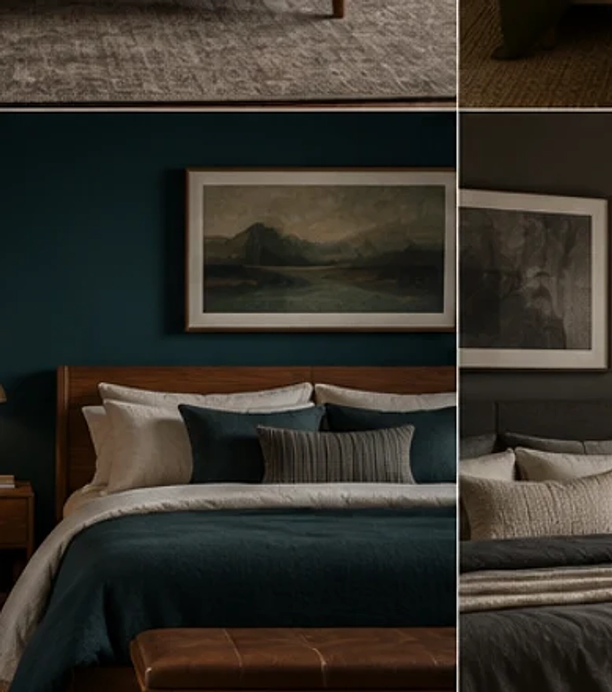 Deep teal bedroom accent paired with warm wood furniture.