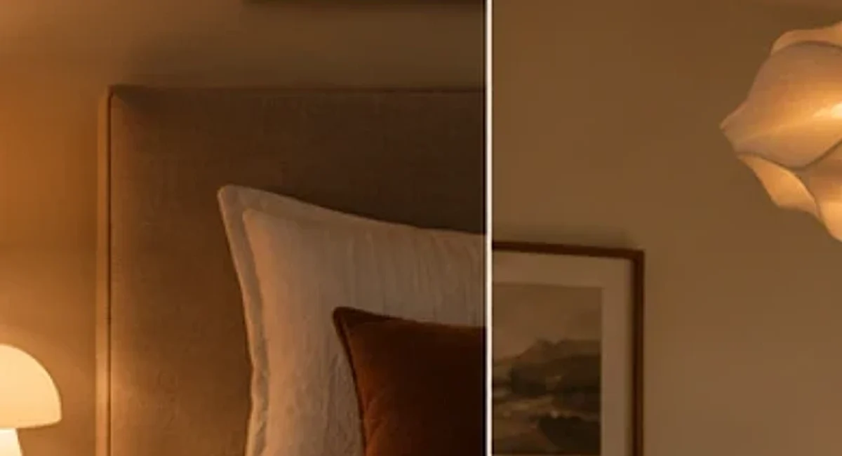 Bedroom with layered bedside lamps for soft ambient light.