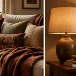 Living room layered with throws and cushions for a relaxed fall atmosphere.