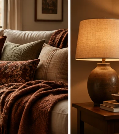 Living room layered with throws and cushions for a relaxed fall atmosphere.