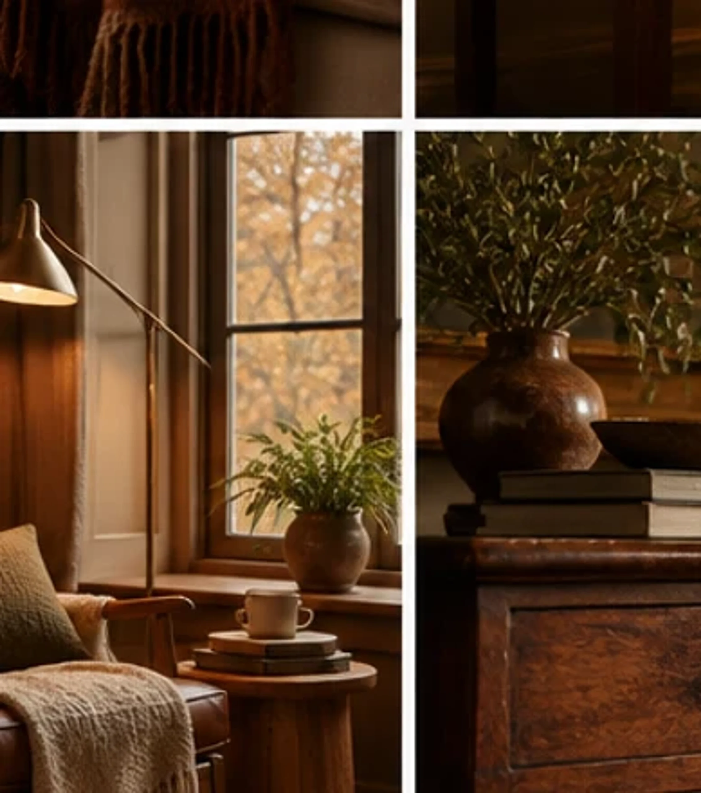 Cozy reading corner with a comfortable chair, lamp and nearby table.