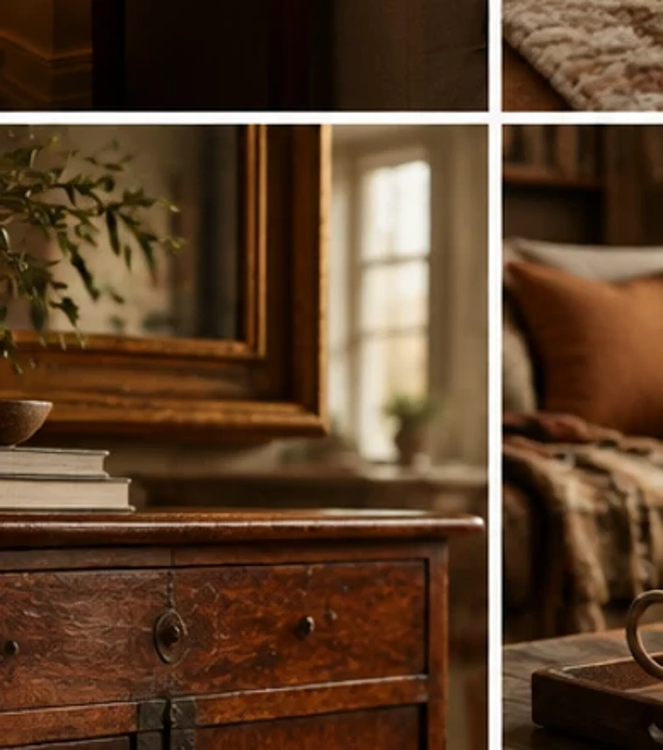 Living room mixing vintage wood details with softer contemporary upholstery.