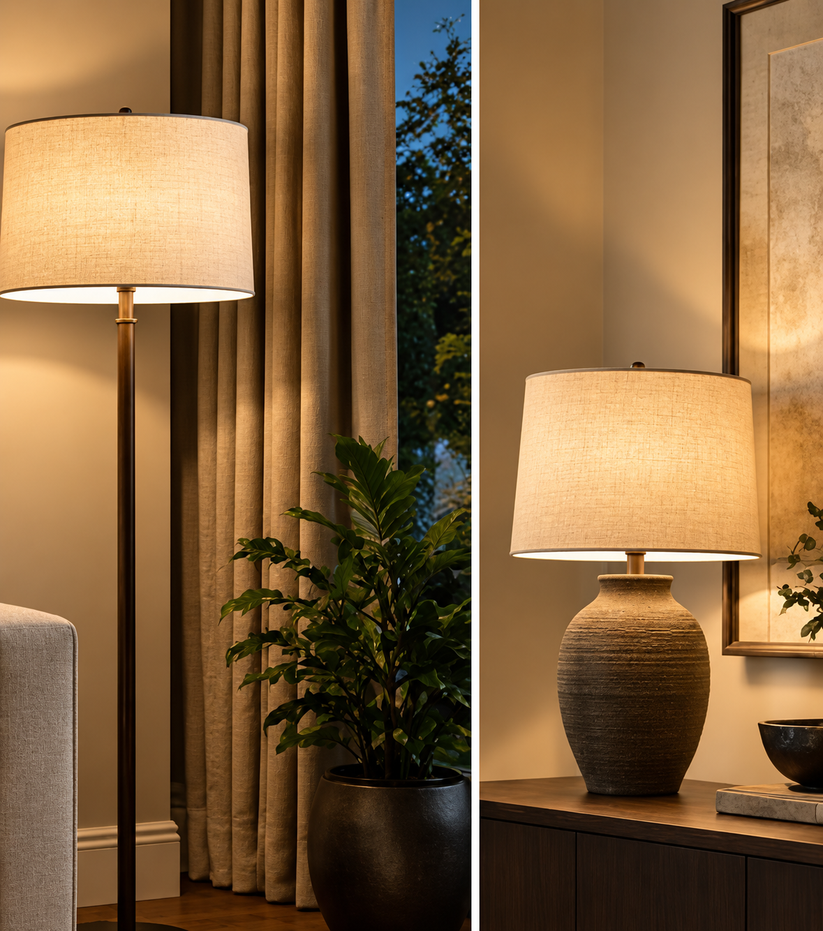 Floor lamp beside a sofa creating a focused pool of warm light.