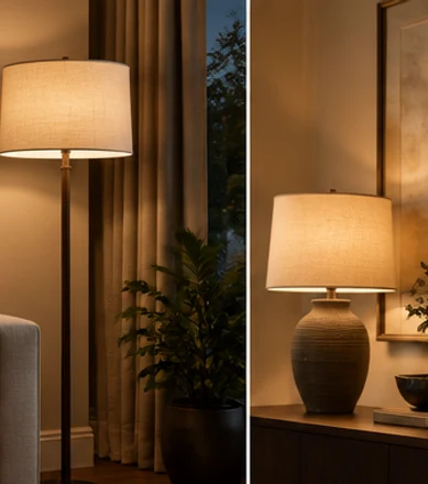 Floor lamp beside a sofa providing warm task and ambient light.