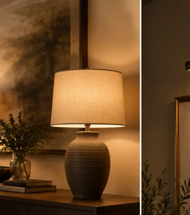 Pair of table lamps balancing light across a living room seating area.