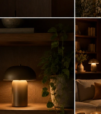 Portable accent lamp glowing on a living room shelf.