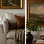 Vintage side table paired with a contemporary living room sofa.