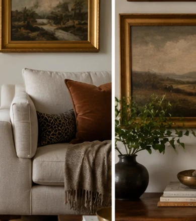 Vintage side table paired with a contemporary living room sofa.