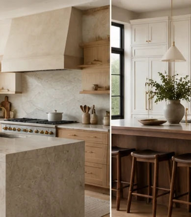 Kitchen with white oak cabinetry, pale stone counters, and warm natural light.