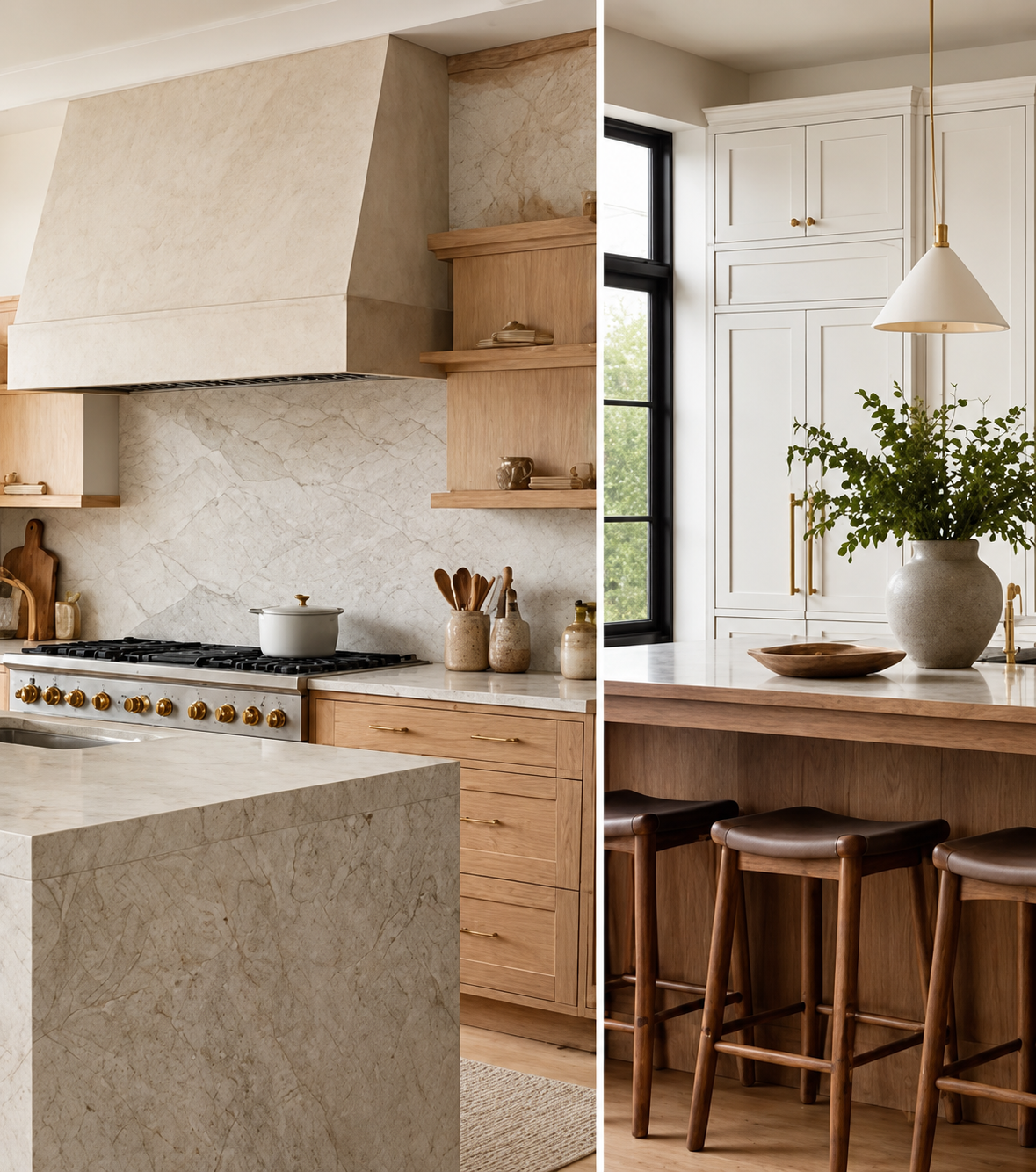 Kitchen with white oak cabinetry, pale stone counters, and warm natural light.