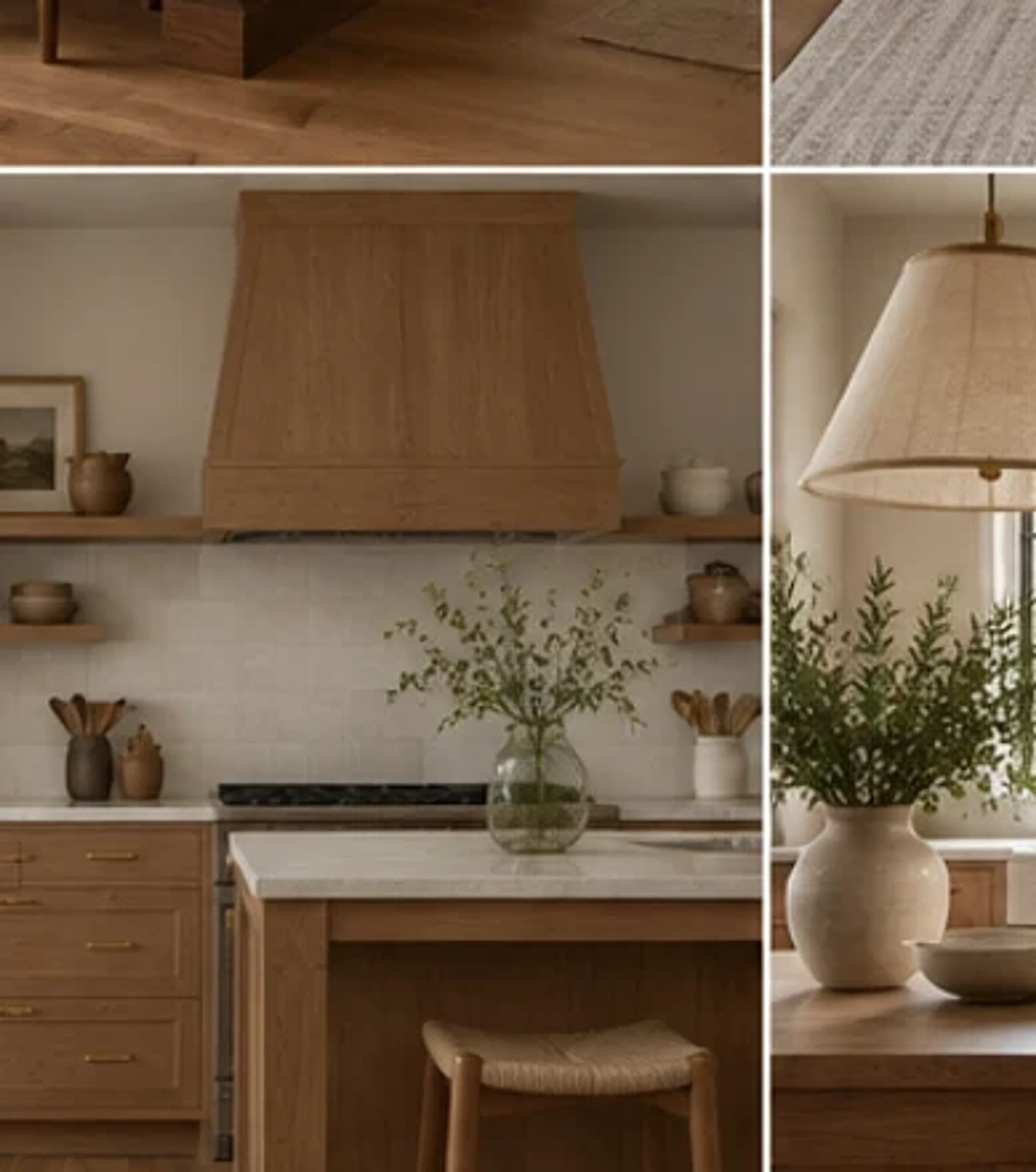 Kitchen mixing natural wood cabinets with a restrained painted finish.