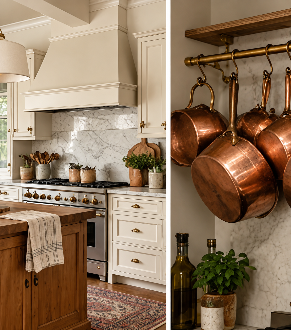 Cozy kitchen with off-white cabinetry and a generous warm wood island.