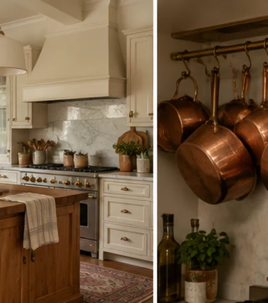 Cozy kitchen with off-white cabinetry and a generous warm wood island.