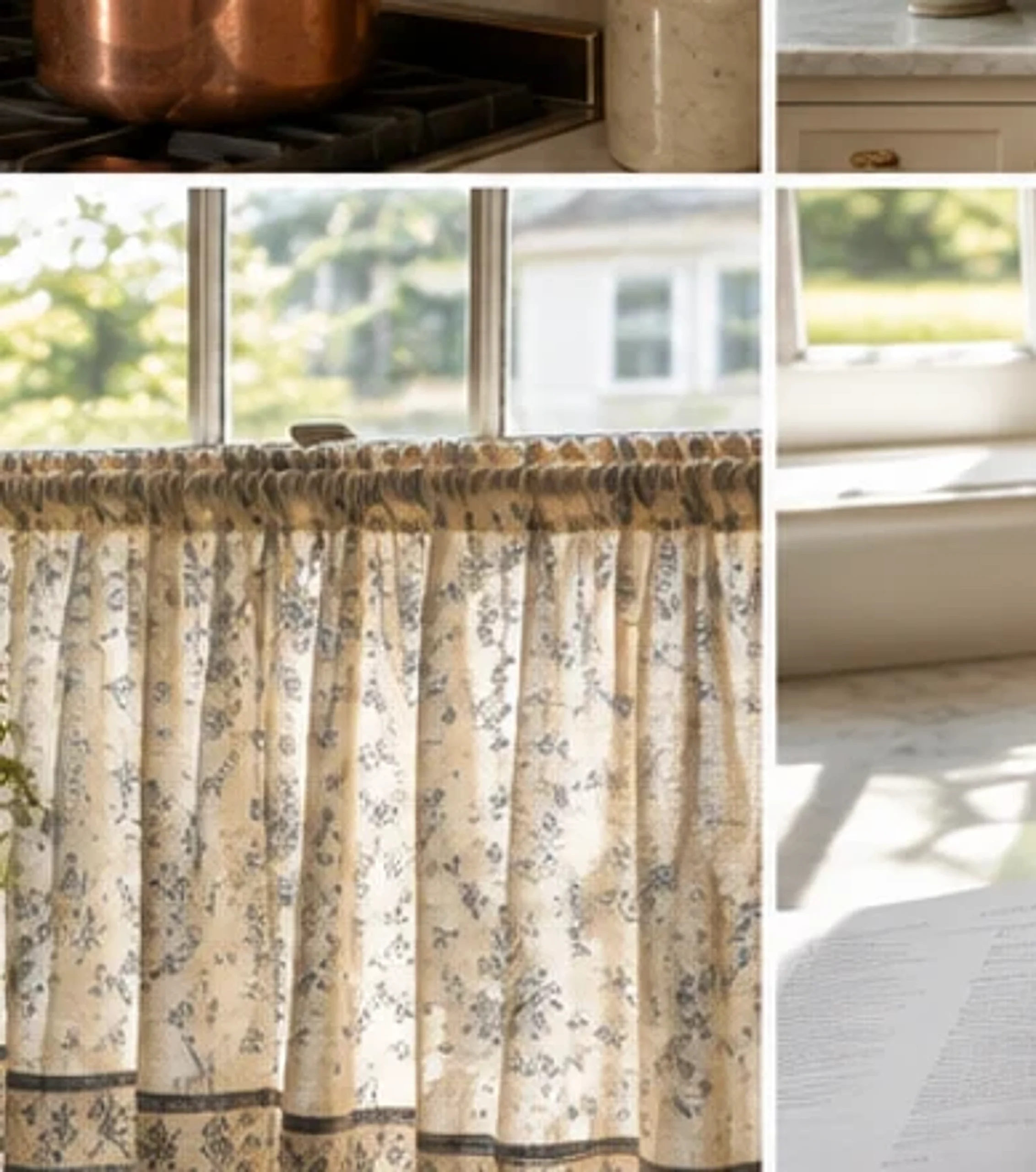 Kitchen window with a patterned cafe curtain and warm natural finishes.