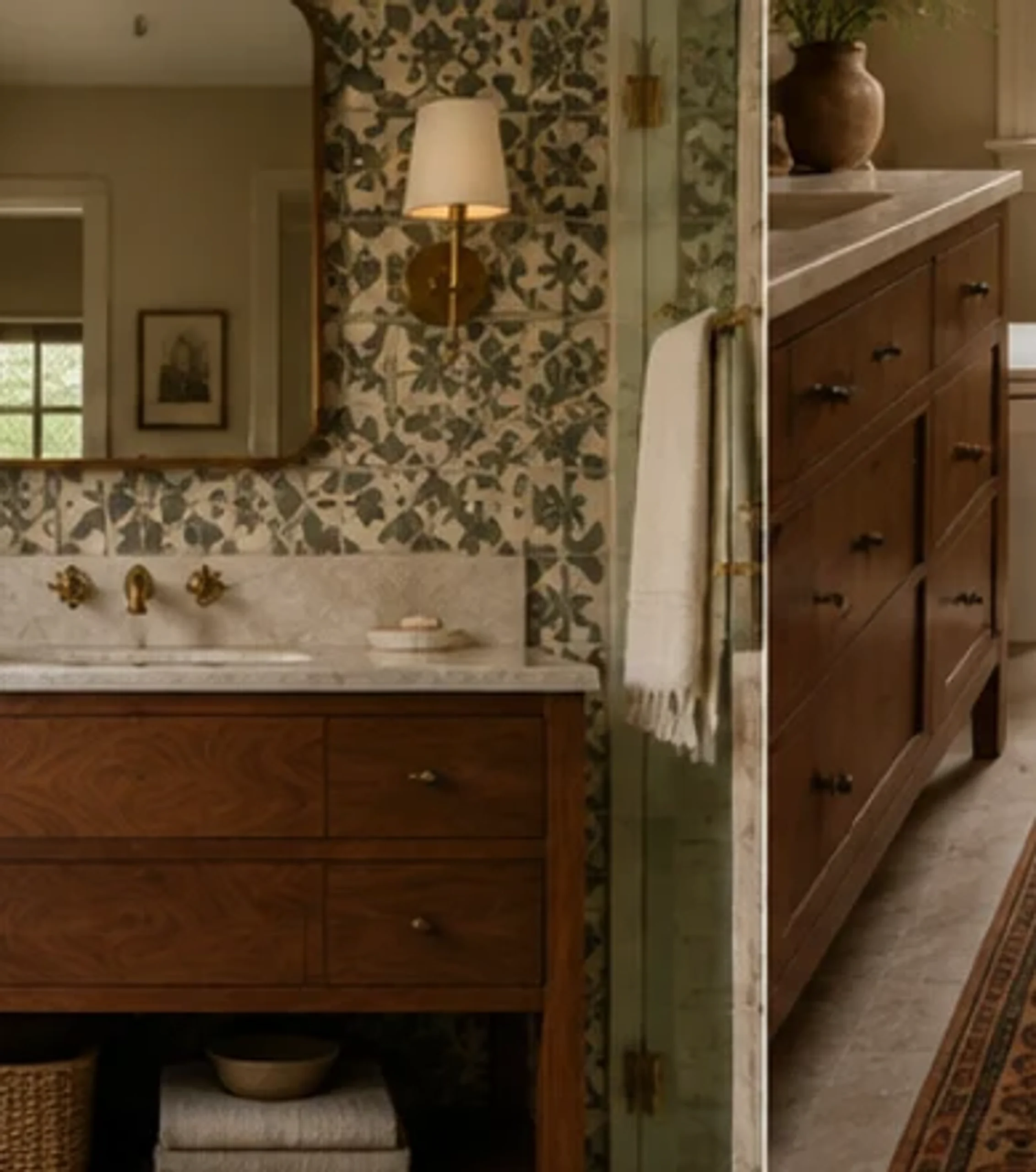 Patterned bathroom tile balanced by a simple wood vanity in a compact room.