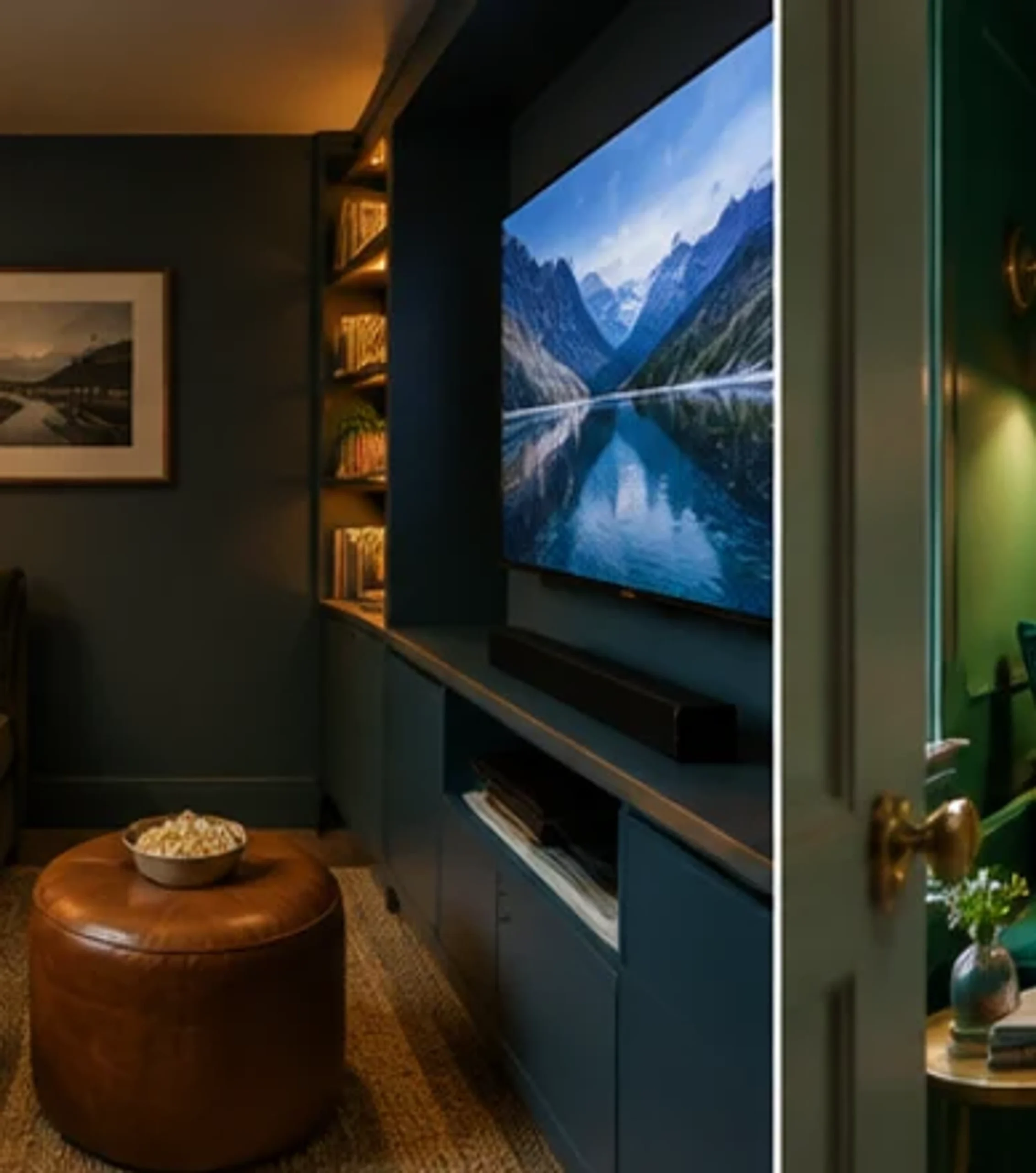 Compact media den arranged around comfortable seating and a small screen.