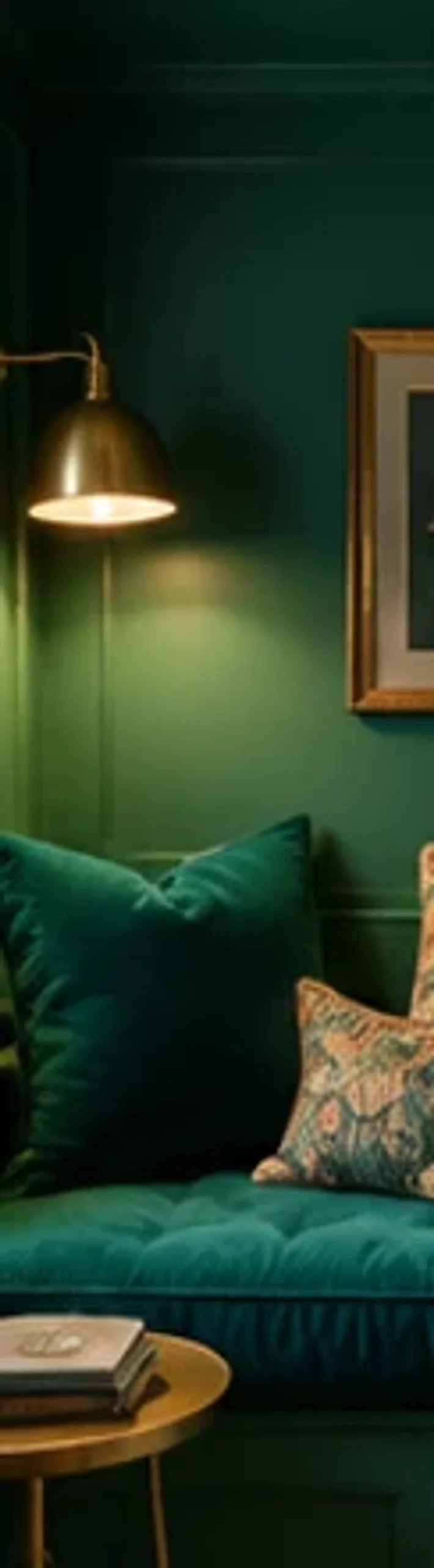 Jewel-box micro den using deeper wall color and a compact sofa.