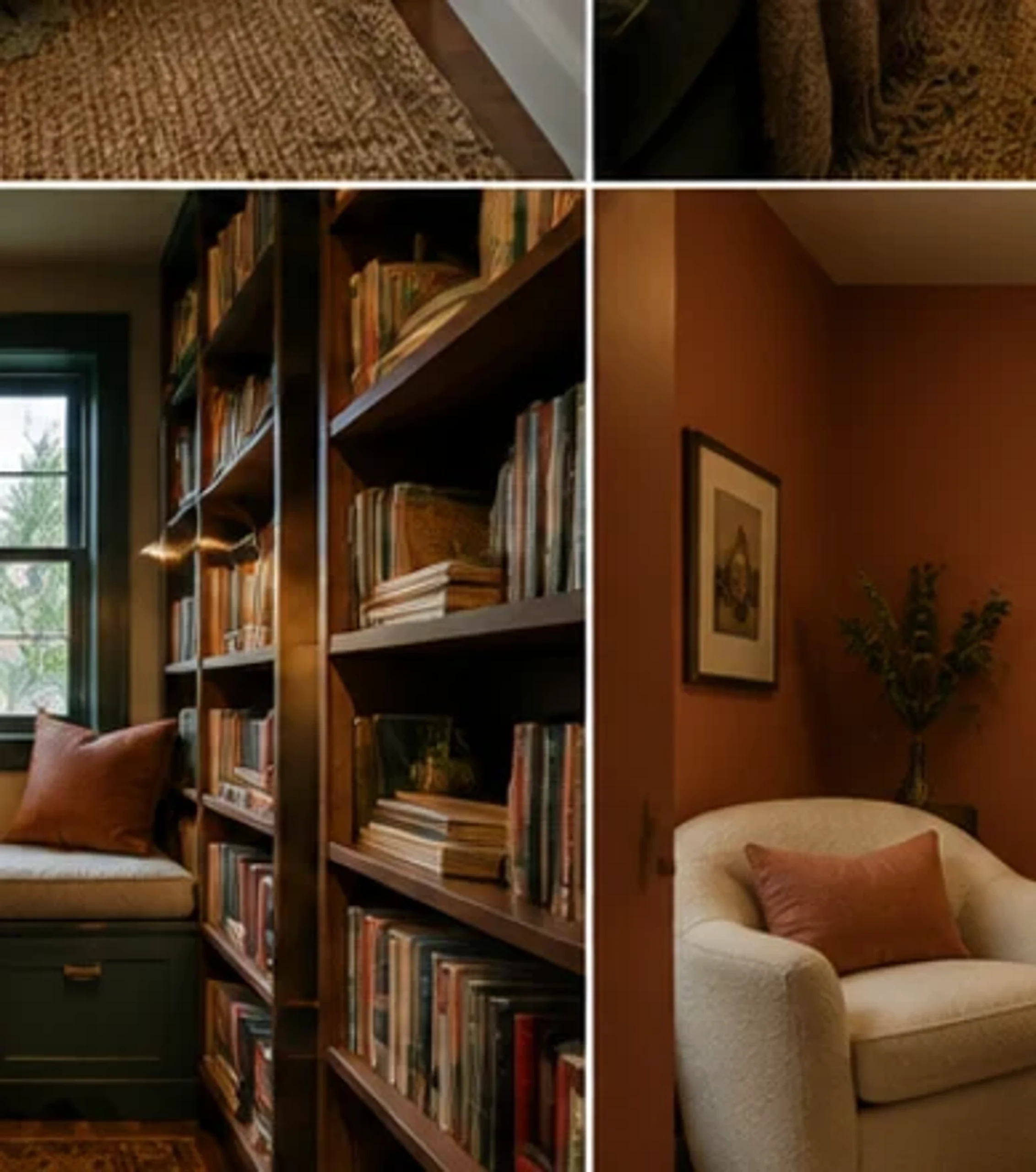 Tiny library den with bookshelves, a reading chair and focused task light.