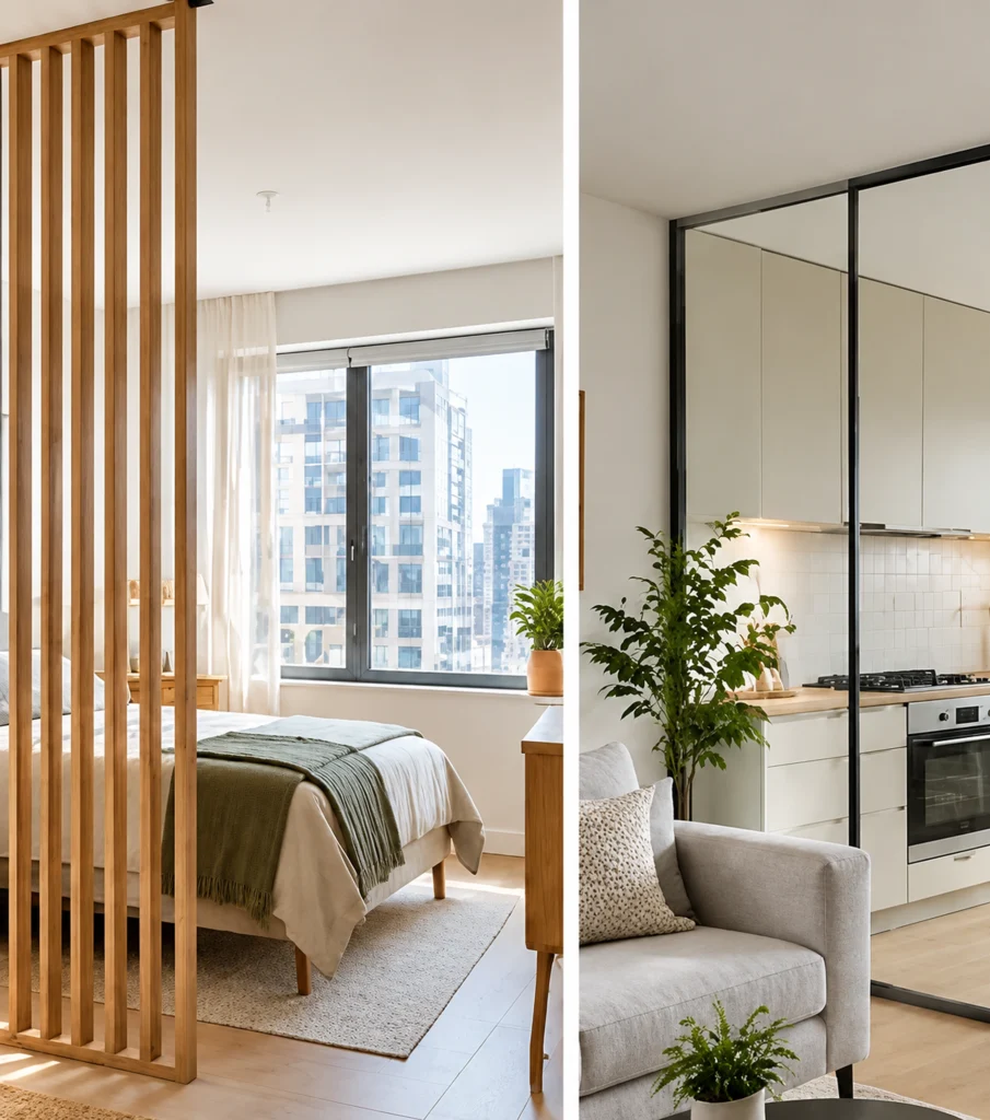 Open wood slat divider defining zones while allowing daylight through.
