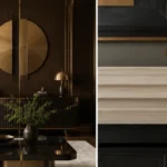 Neo Deco living room combining geometric brass details with dark wood.