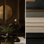 Neo Deco living room combining geometric brass details with dark wood.