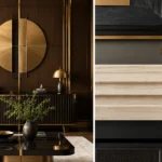 Neo Deco living room combining geometric brass details with dark wood.