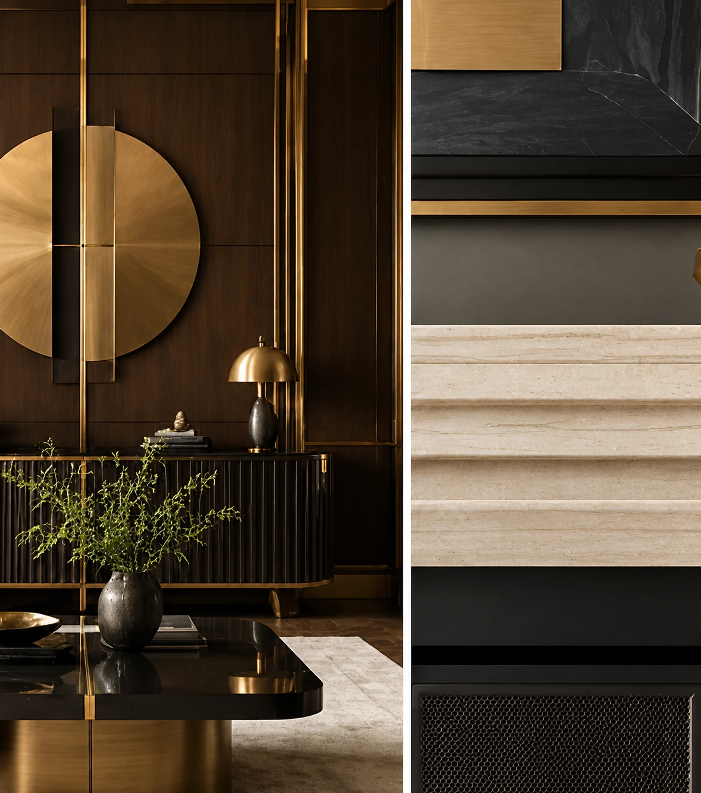 Neo Deco living room combining geometric brass details with dark wood.