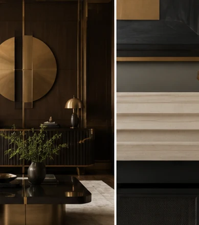 Neo Deco living room combining geometric brass details with dark wood.