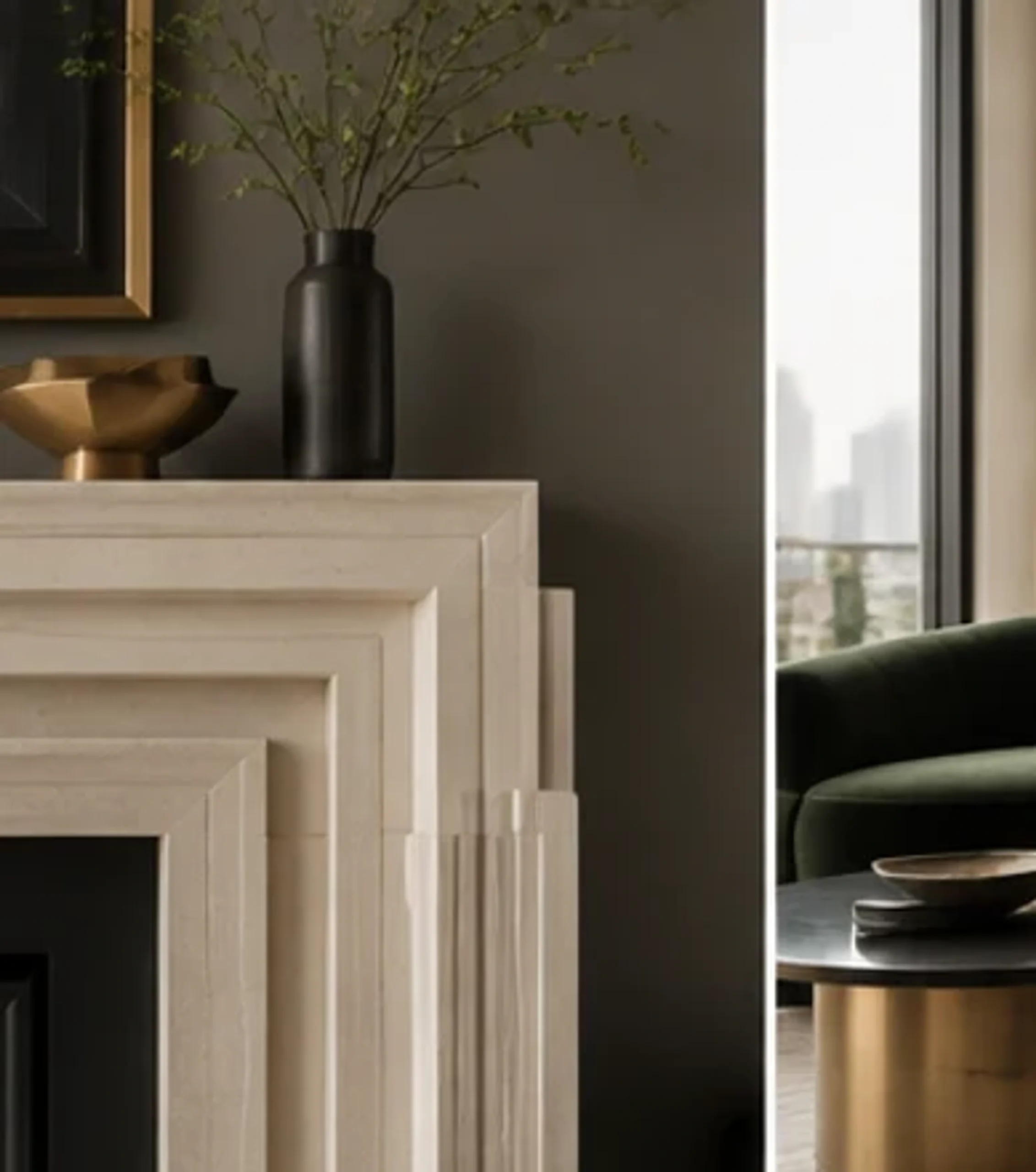 Modern stepped mantel creating a restrained Art Deco reference.