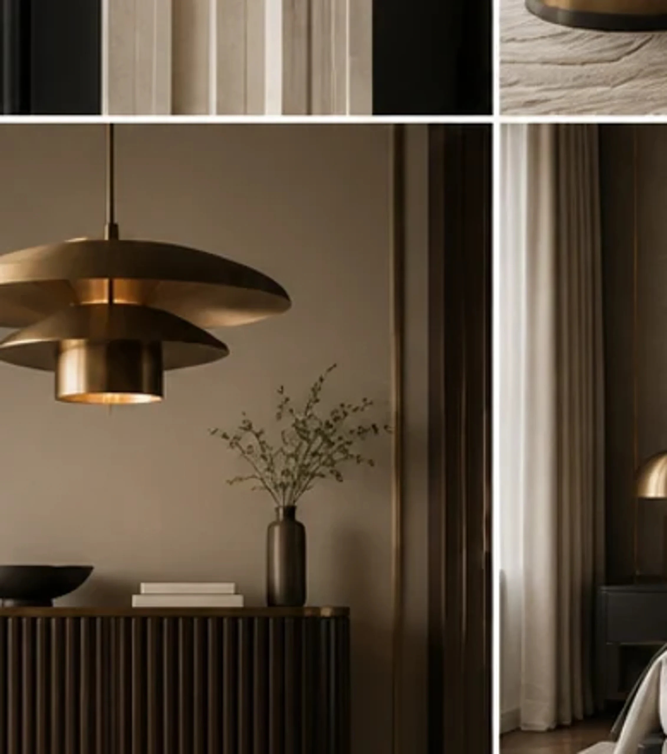 Sculptural pendant above a fluted cabinet in a modern Deco-inspired room.