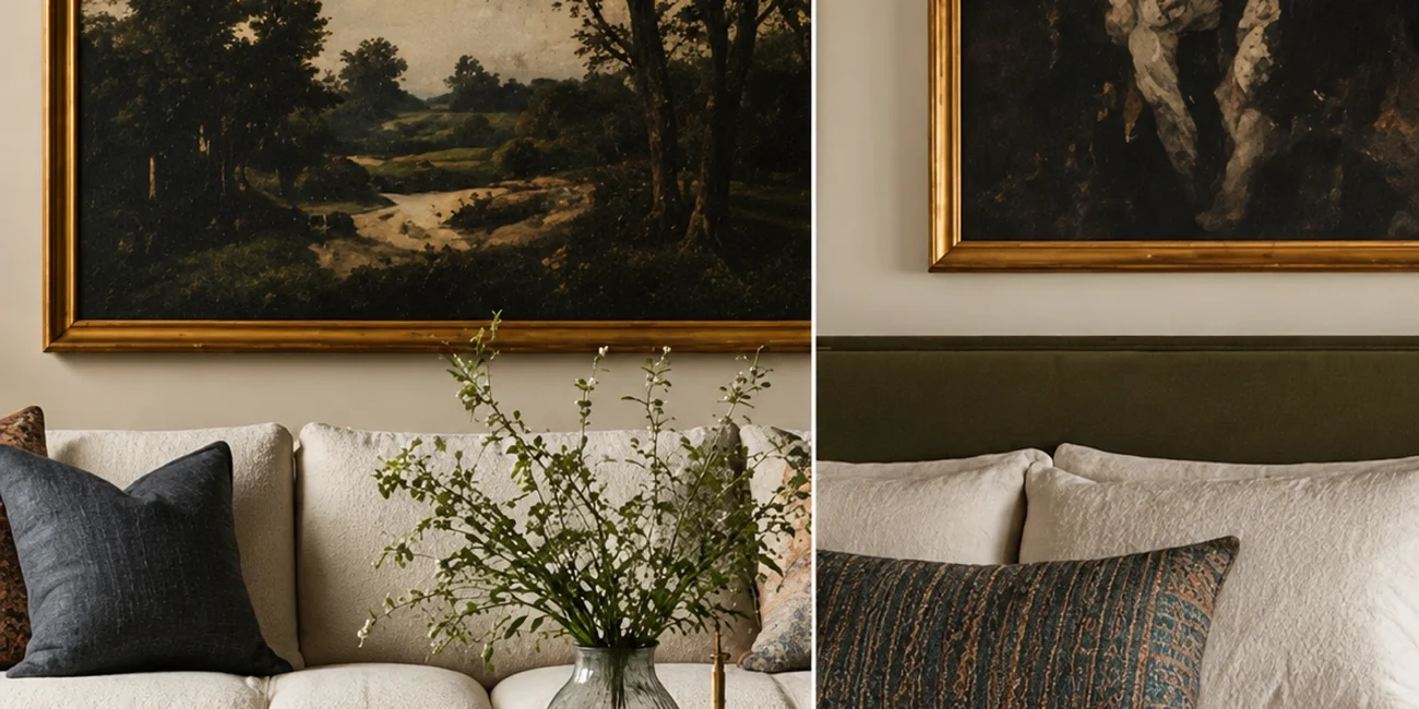 Collected living room combining vintage furniture with newer upholstered pieces.