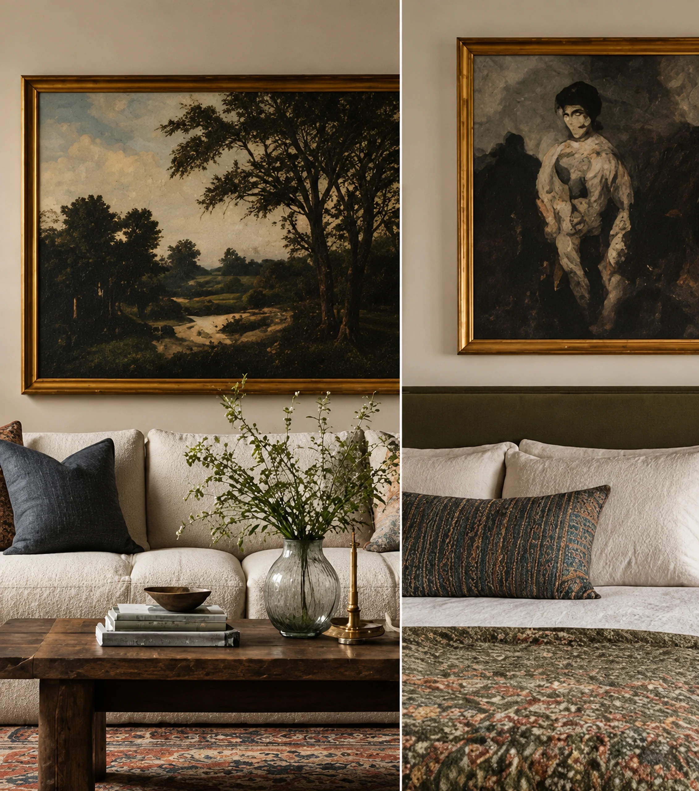 Collected living room combining vintage furniture with newer upholstered pieces.