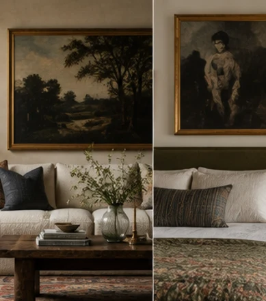 Collected living room combining vintage furniture with newer upholstered pieces.