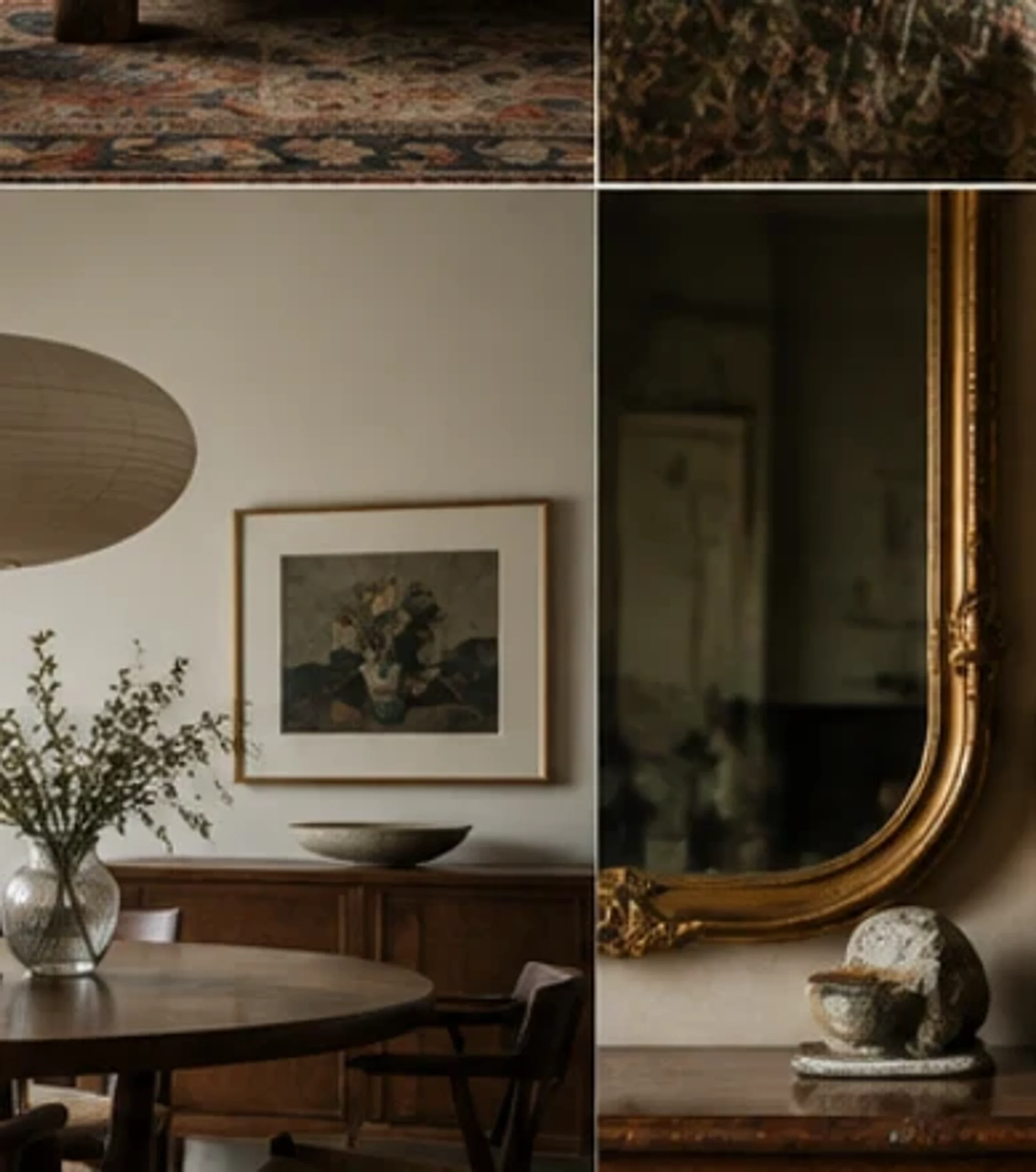 Collected interior mixing patterned textiles while repeating a restrained color palette.