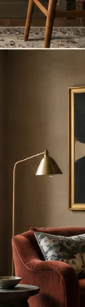 Balanced collected room where older objects and modern pieces share similar proportions.