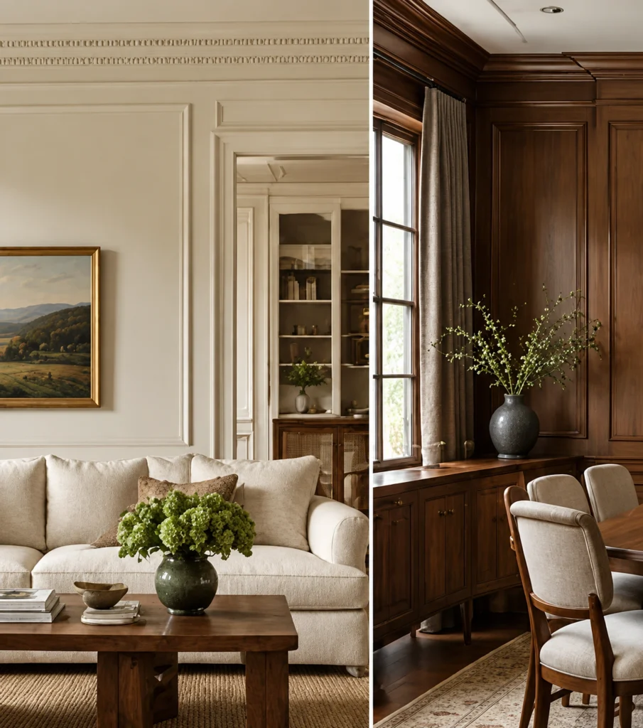 New traditional living room with classic trim and a relaxed modern sofa.